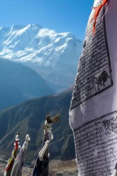 Ice Lake - Prayer flags with the view on Annapurna Chain Stock Photos
