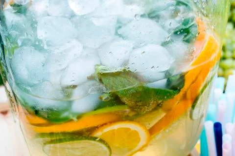 Ice in lemonade. Aplsin, lime, peg. Cool drink Stock Photos