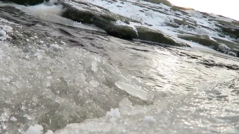 On ice, looking at river - slow movement down Stock Footage 83938828