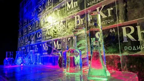 Ice made periodic table of elements illuminated with different colours 스톡 사진
