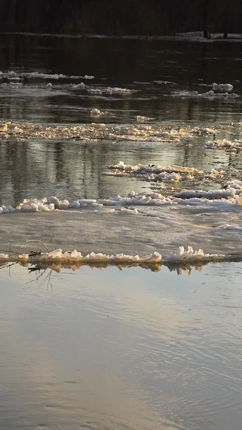 Ice melts river sunset current, fading day warmth, shimmering water tranquil Stock Footage 291626516