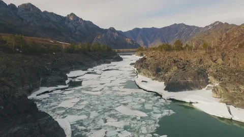 Ice on a mountain river, aerial view Stock Footage 74087428