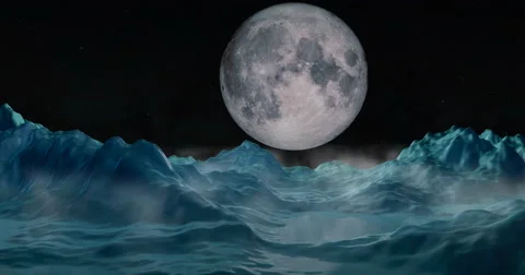 Ice mountains,  landscape relfecting full moon in night sky Stock Footage 64631026