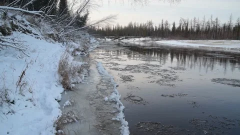 Ice moves along the river in the forest at sunset, natural conditions, Stock Footage 163882252