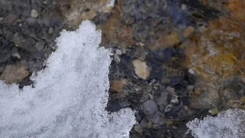 Ice Over the Clear Water Stream in Fresh Snowed Mountains 60p Stockbeeldmateriaal 80931995