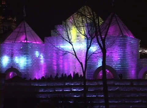 Ice Palace light show 1, very colorful castle lighting, from within ice blocks Video stock 296344683