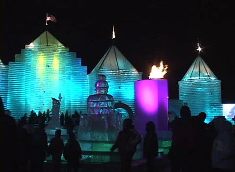Ice Palace light show 3, colorful changing lights fr within castle &amp; caldron Stock Footage 296344702