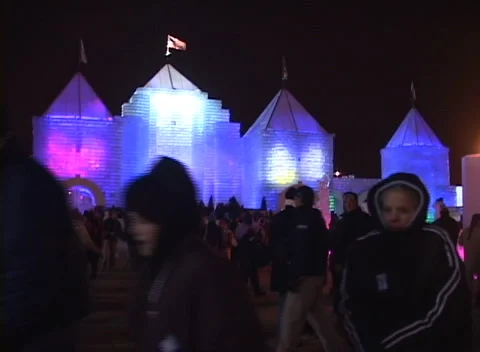 Ice Palace light show 5, very colorful ice castle structure, lights flashing Stock Footage 296344682