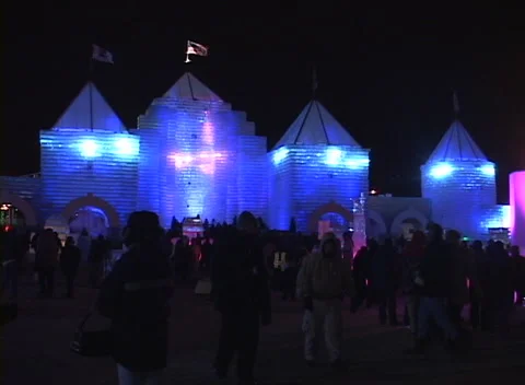 Ice Palace light show 7, early nights &amp; colorful lights flashing thru ice blocks Stock Footage 296346748
