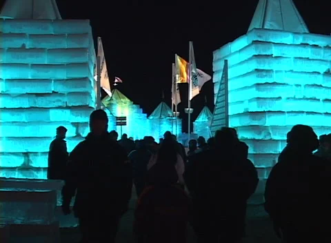 Ice Palace night lights  1, ice block construction of castle, changing colors Stock Footage 296346352