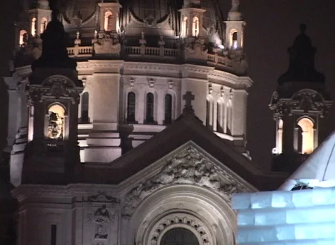 Ice Palace night lights 2, Cathedral dome widens out to colorful castle Stock Footage 296346337