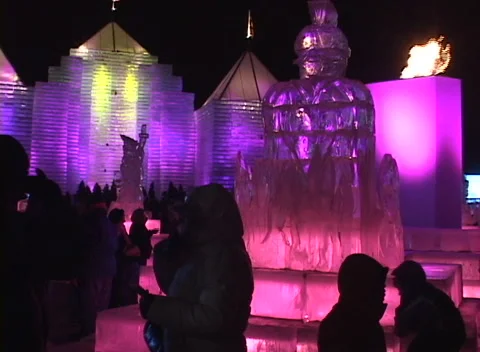 Ice Palace night lights 6, very colorful big winter attraction for all ages Stock Footage 296346972
