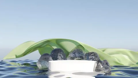 An ice platform for displaying your procuct 3D render, surrounded by ice stones Stock Illustration