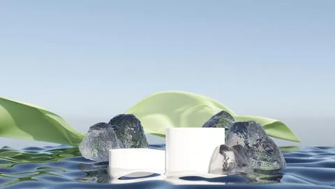 An ice platform for displaying your procuct 3D render, surrounded by ice stones Stock Illustration