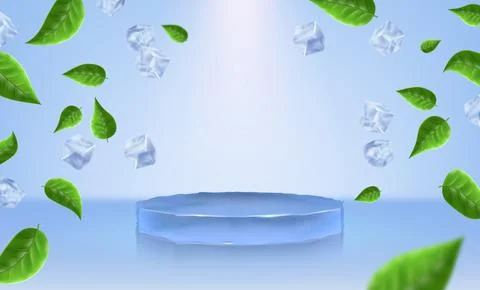 An ice podium for product presentation with falling ice cubes and green mint Stock Illustration