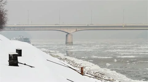 Ice on River 11 bridge Stock Footage 10750491