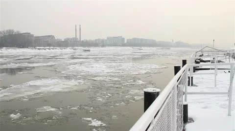 Ice on River 19 dock city Stock Footage 10750655
