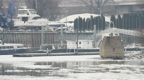 Ice on River 27 shipyard dock Stock Footage 10750798