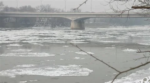 Ice on River 28 bridge Stock Footage 10750812