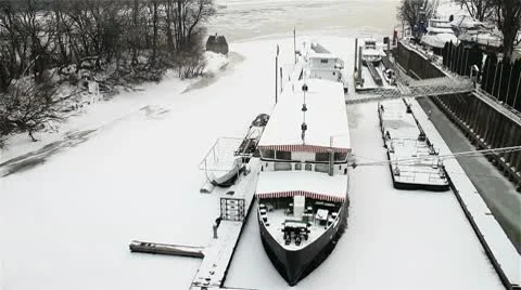 Ice on River 31 shipyard dock Stock Footage 10750823