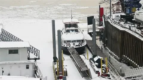 Ice on River 32 shipyard dock Stock Footage 10750839