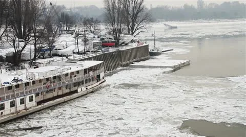 Ice on River 33 shipyard dock Stock Footage 10750859