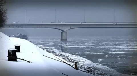 Ice on River 39 bridge stylized Stock Footage 10751015