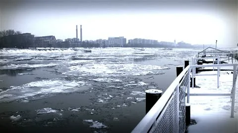Ice on River 42 city dock stylized Stock Footage 10751065