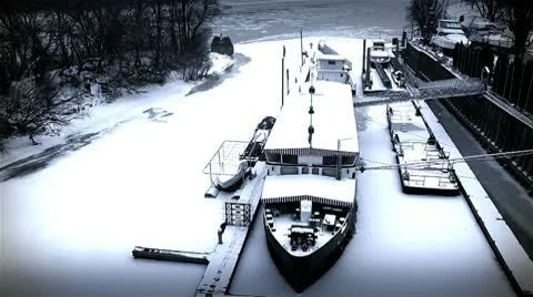 Ice on River 49 shipyard dock stylized Stock Footage 10751177