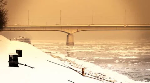 Ice on River 55 bridge stylized Stock Footage 10751260