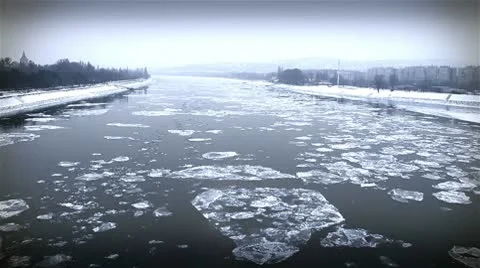 Ice on River Dramatic Scene 47 city stylized Stock Footage 10751307