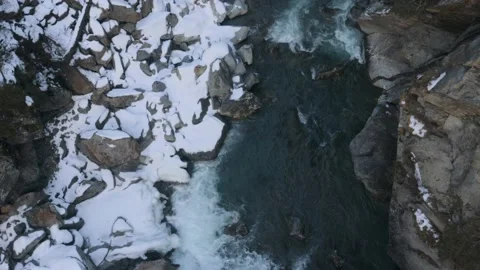 Ice River flowing trough mountains with Snow, Drone View, 4k Stock Footage 231610278