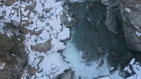 Ice River flowing trough mountains with Snow, Drone View, 4k Stock Footage 231610410