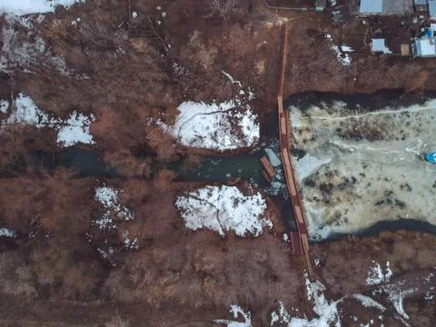 Ice on the river melts in the spring view from the height of the drone Stock Photos