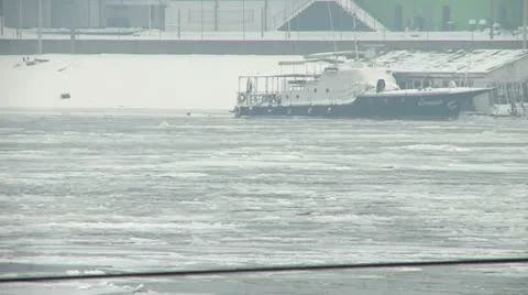 Ice on river, ship trapped in ice Stock Footage 10819745