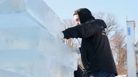 Ice sculpture measuring block of ice for ice carving competition Stock Footage 146929403