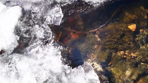 Ice on a shallow transparent river. Ice on the stream. Clear water Stock Footage 172000338