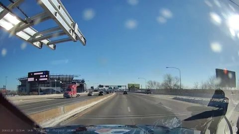Ice Sheet From Passing Vehicle Comes Through Truck Windshield, Philadelphia, Pen Video stock 329641018