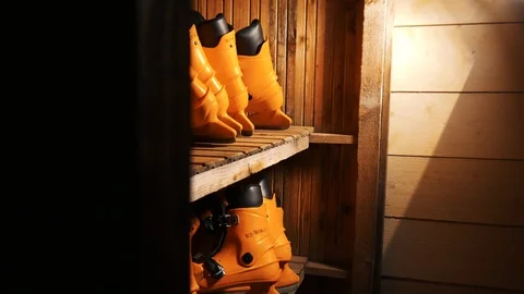 Ice Skates In A Shelf Stock Footage 102750318