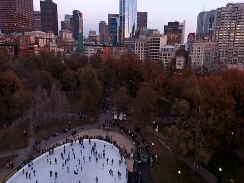 Ice Skating in Boston Commons and Financial District in Boston MA at Sunset Video stock 82751653