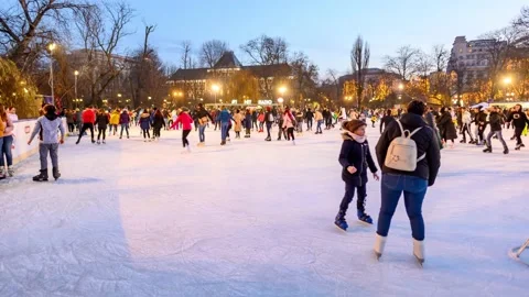 Ice skating in  Cismigiu Park , Bucharest 4k hyperlapse footage Stock Footage 141477165