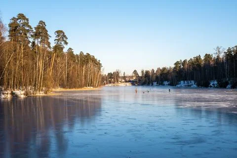 Ice skating on the first ice on the Talka river in Ivanovo. Stock Photos