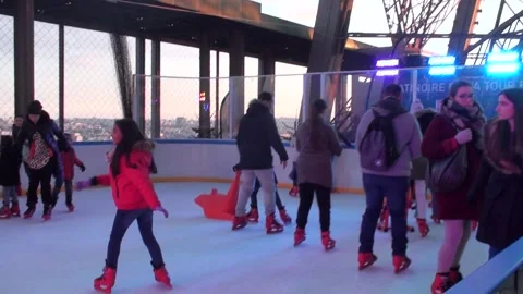 Ice Skating Rink On Top Of The Eiffel Tower In Paris, France Stock Footage 158604442