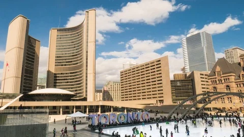Ice Skating Toronto Nathan Phillips Square Tourism Stock Footage 88715091