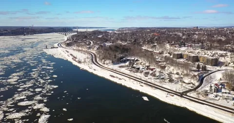 Ice on St. Lawrence river in winter from drone in Quebec City Stock Footage 171302496