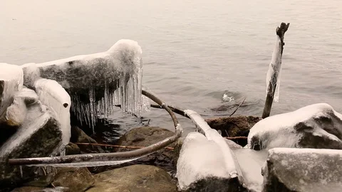 Ice stalactites at the lake Video stock 87562017