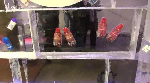 Ice store, shop made of ice, frozen goods in ice blocks, ice carving Stock Footage 33704659