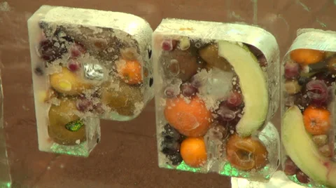 Ice store, shop made of ice, frozen fruits, ice blocks, ice carving Stock Footage 33704777