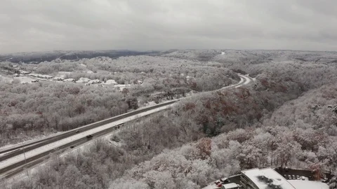 Ice Storm Aftermath Aerial Of Interstate With Valley Of Trees Stock Footage 99010323