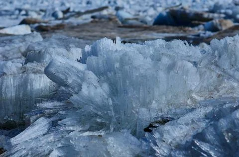 Ice structure of river hummocks in spring. Stock Photos